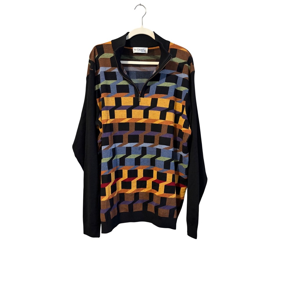 St Croix Shop Mens XL Long(tall)1/4 Zip Sweater‎ Geometric 3D Cube Pattern Black